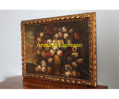 Antico dipinto olio su tela vaso fiori natura mort