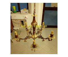 Lampadario 5 bracci in Ottone e legno