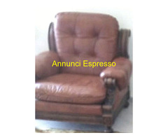 Divano & 2 poltrone pelle & legno massello vintage