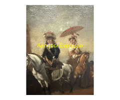 Antico dipinto olio su tela con cavaliere e dama