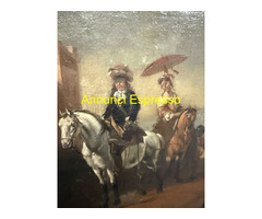 Antico dipinto olio su tela con cavaliere e dama