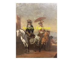 Antico dipinto olio su tela con cavaliere e dama