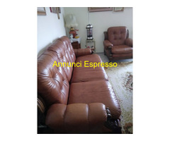Divano & 2 poltrone pelle & legno massello vintage