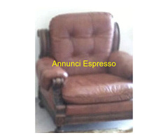 Divano & 2 poltrone pelle & legno massello vintage