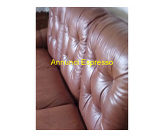 Divano & 2 poltrone pelle & legno massello vintage