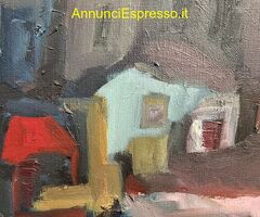 Dipinto materico paesaggio case moderno anni '60