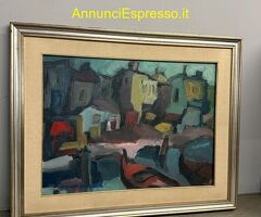 Dipinto materico paesaggio case moderno anni '60