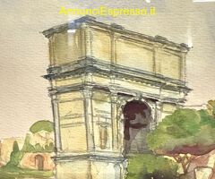 Antico dipinto ad acquarello fori romani. Roma XIX