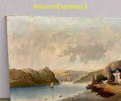 Antico dipinto olio su tela lago nordico, XIX sec