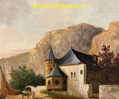 Antico dipinto olio su tela lago nordico, XIX sec